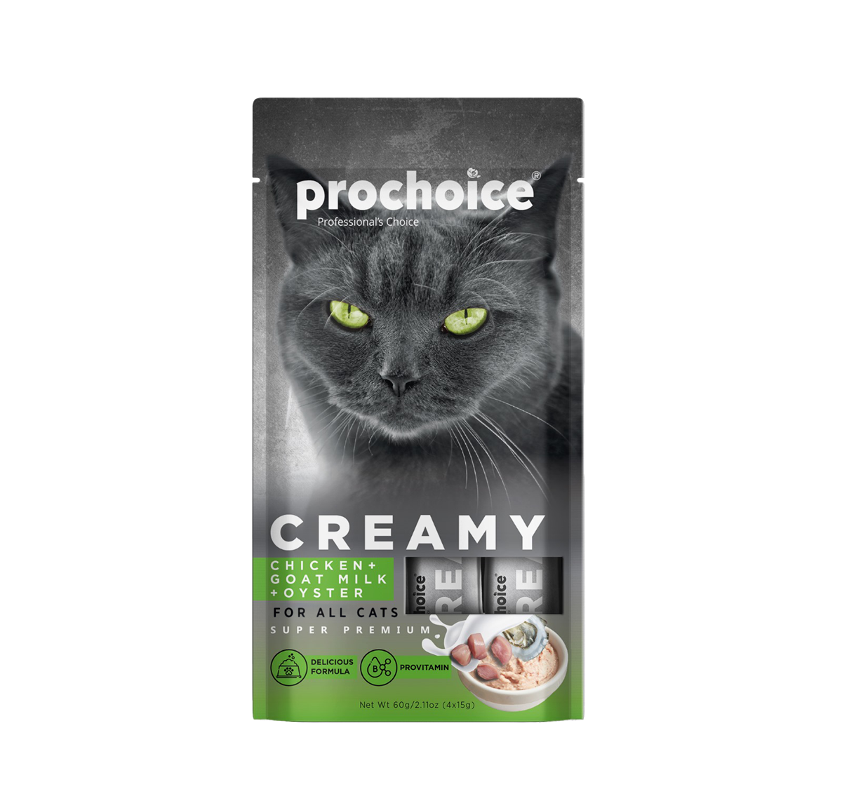 Prochoice Creamy Kediler İçin Tavuklu, Keçi Sütlü ve İstridyeli Sıvı Ödül Maması 4x15 gr 1